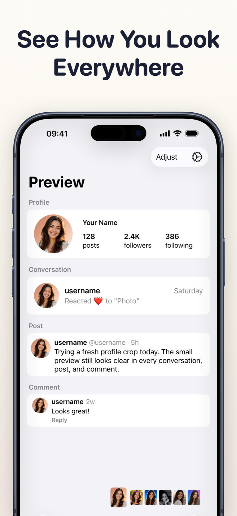 PFP Lineup previewing a profile picture in social layouts