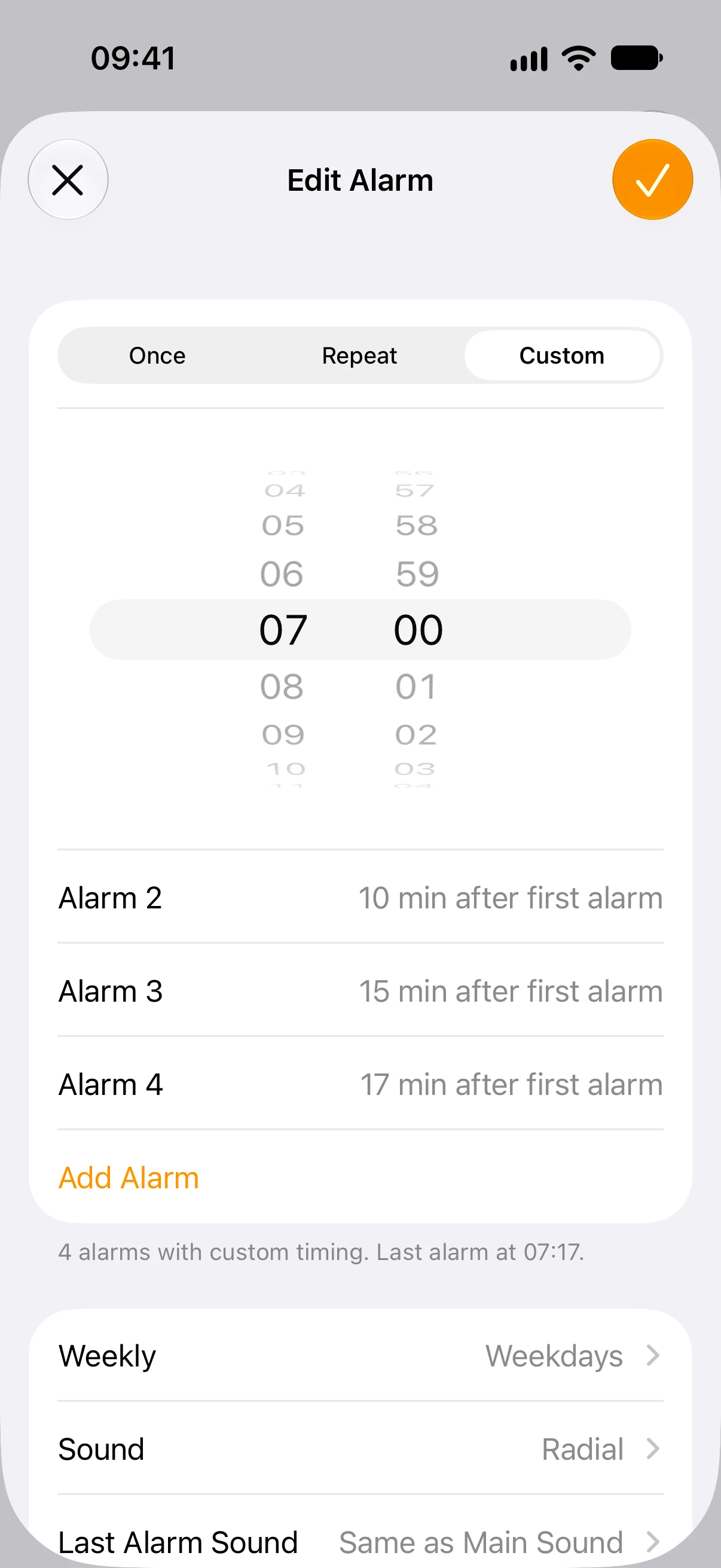 Alarmes personalizados 10, 15 e 17 minutos após o primeiro alarme às 07h00