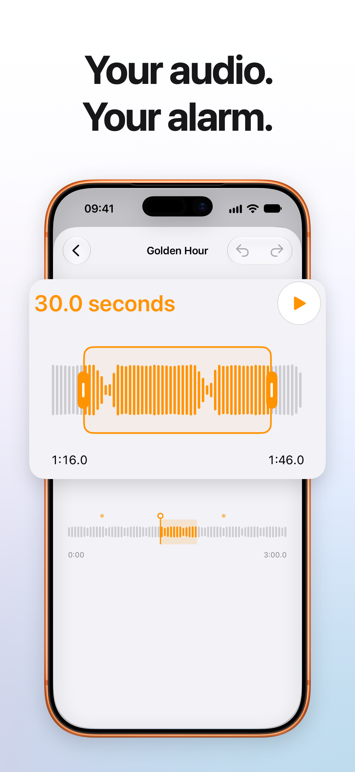Editor de sons personalizados do MultiAlarm com um trecho de áudio de 30 segundos selecionado