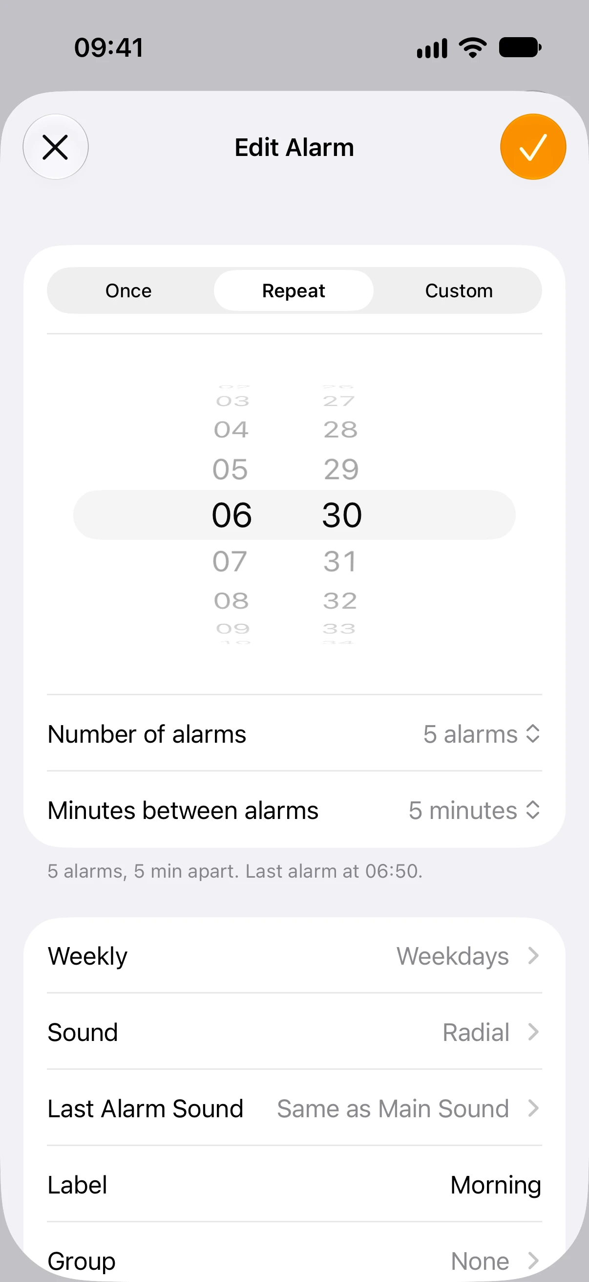 Editor Repeat do MultiAlarm configurado para 06h30, cinco alarmes e cinco minutos entre eles