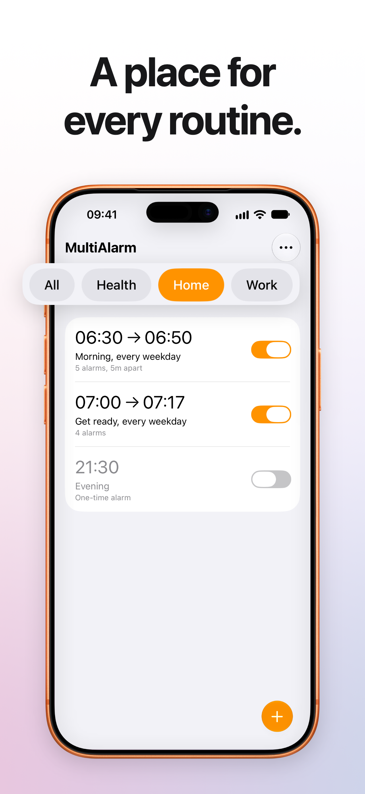 MultiAlarm exibindo grupos separados de alarmes para Casa, Trabalho e Saúde