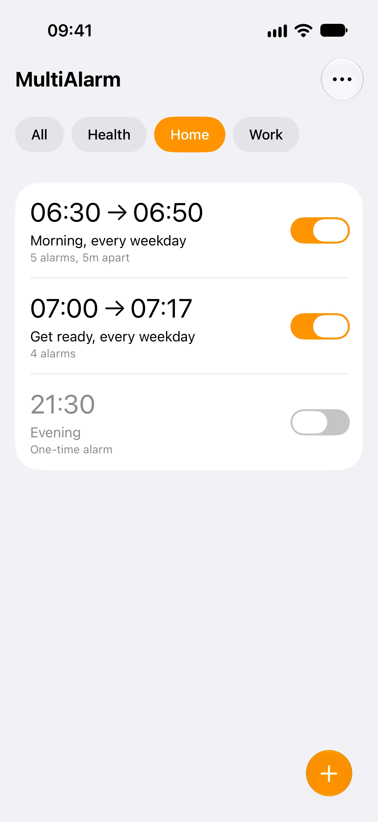 MultiAlarm med Hjem valgt, Morgen og Gjør klar på og Kveld av