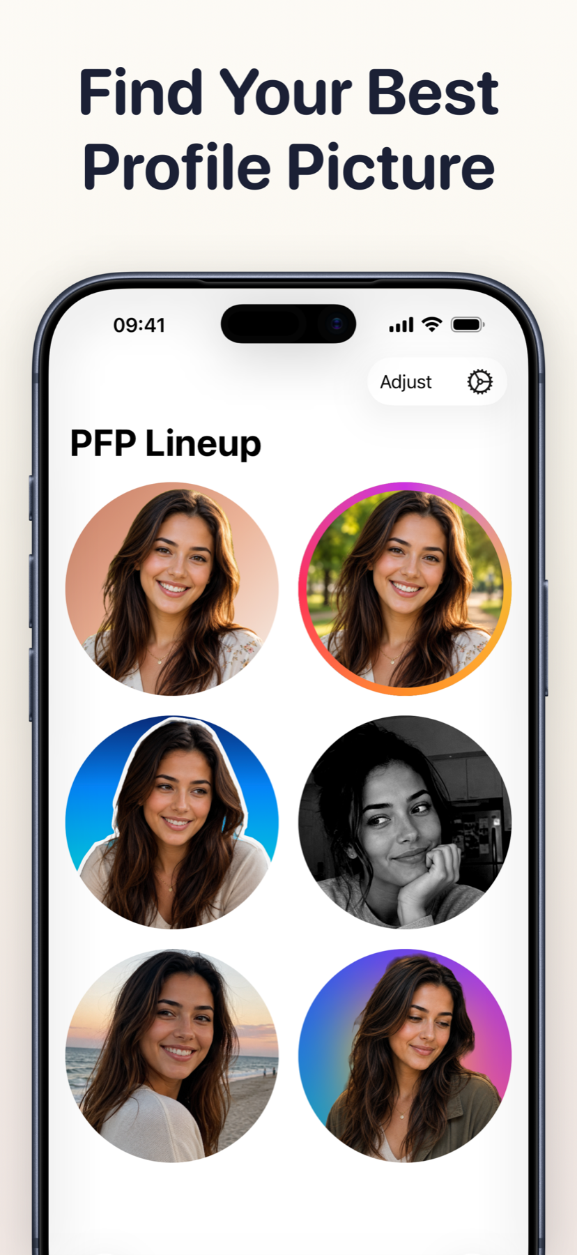 PFP Lineup comparing six profile picture candidates