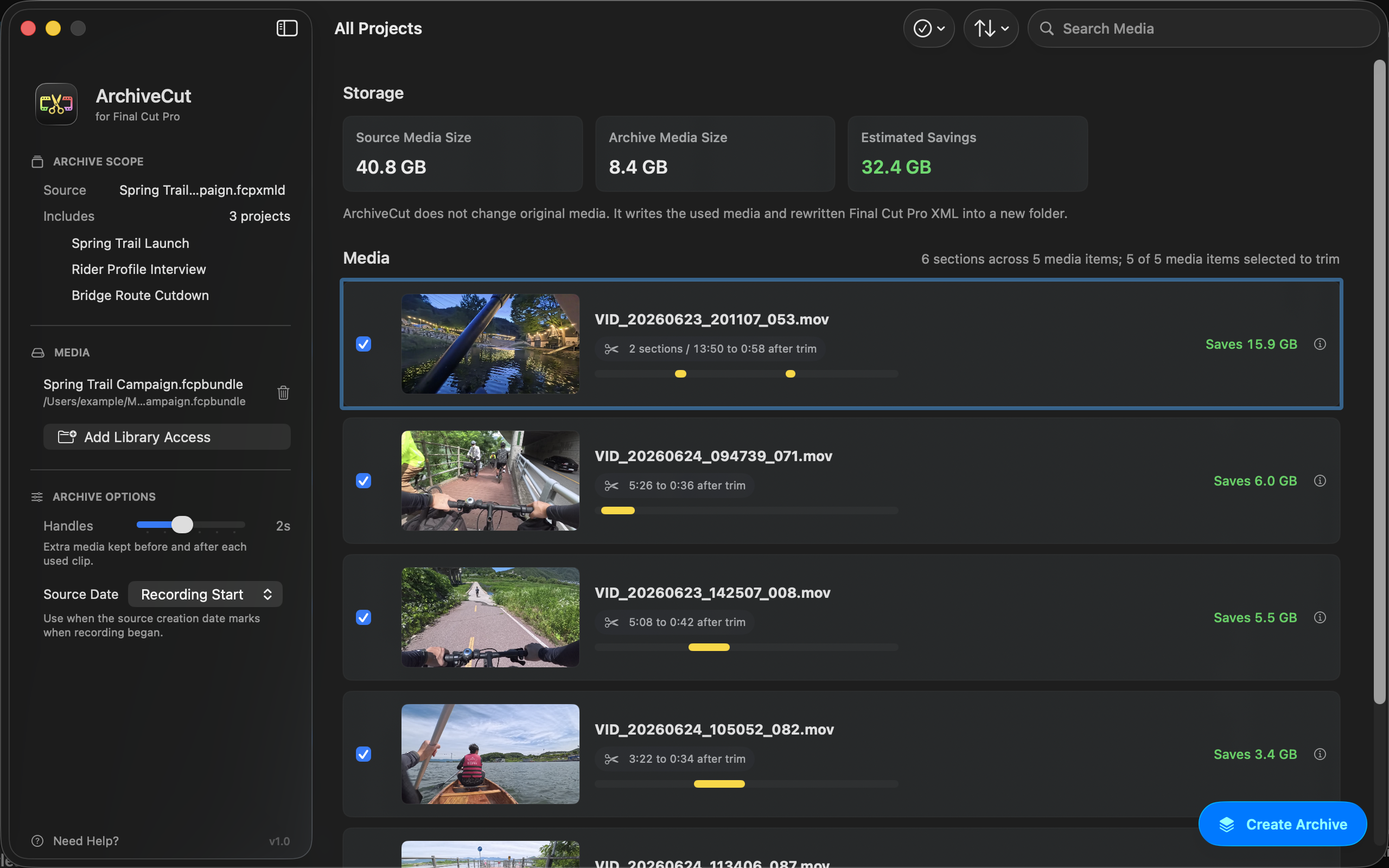 ArchiveCut review screen showing timeline media and estimated archive savings