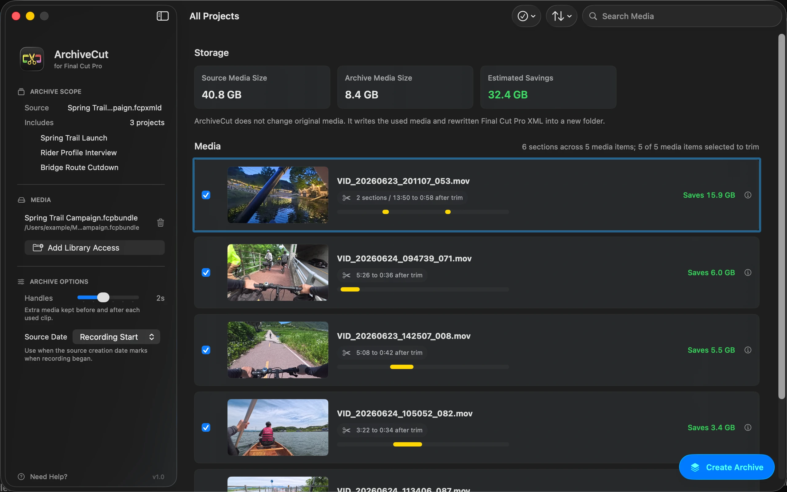 ArchiveCut showing source media size, archive media size, used ranges, handles, and estimated storage savings