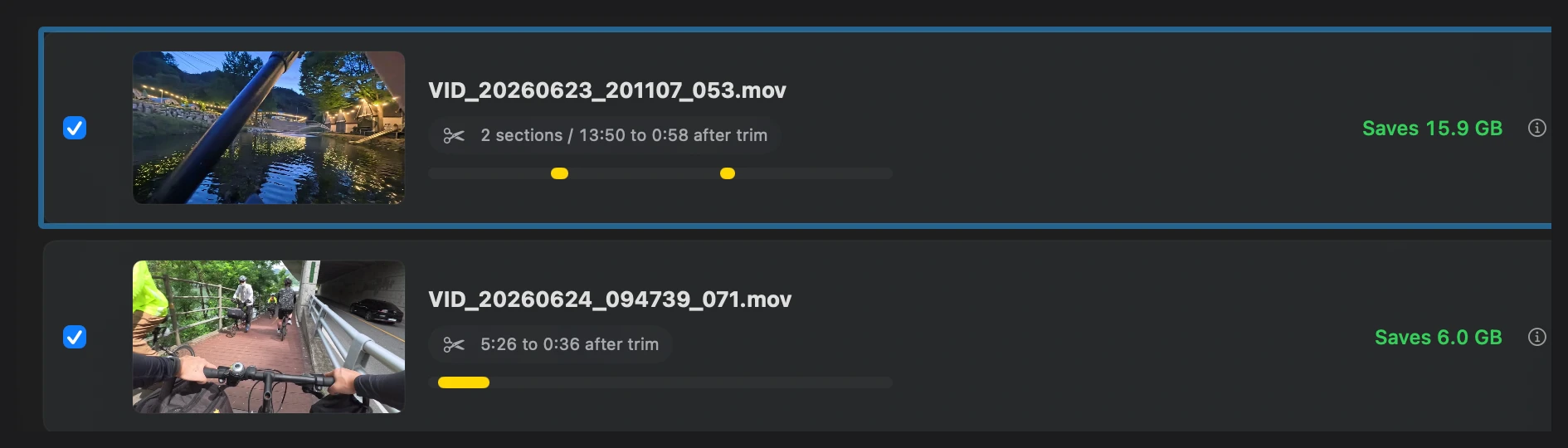 ArchiveCut showing used ranges within source clips and estimated storage savings