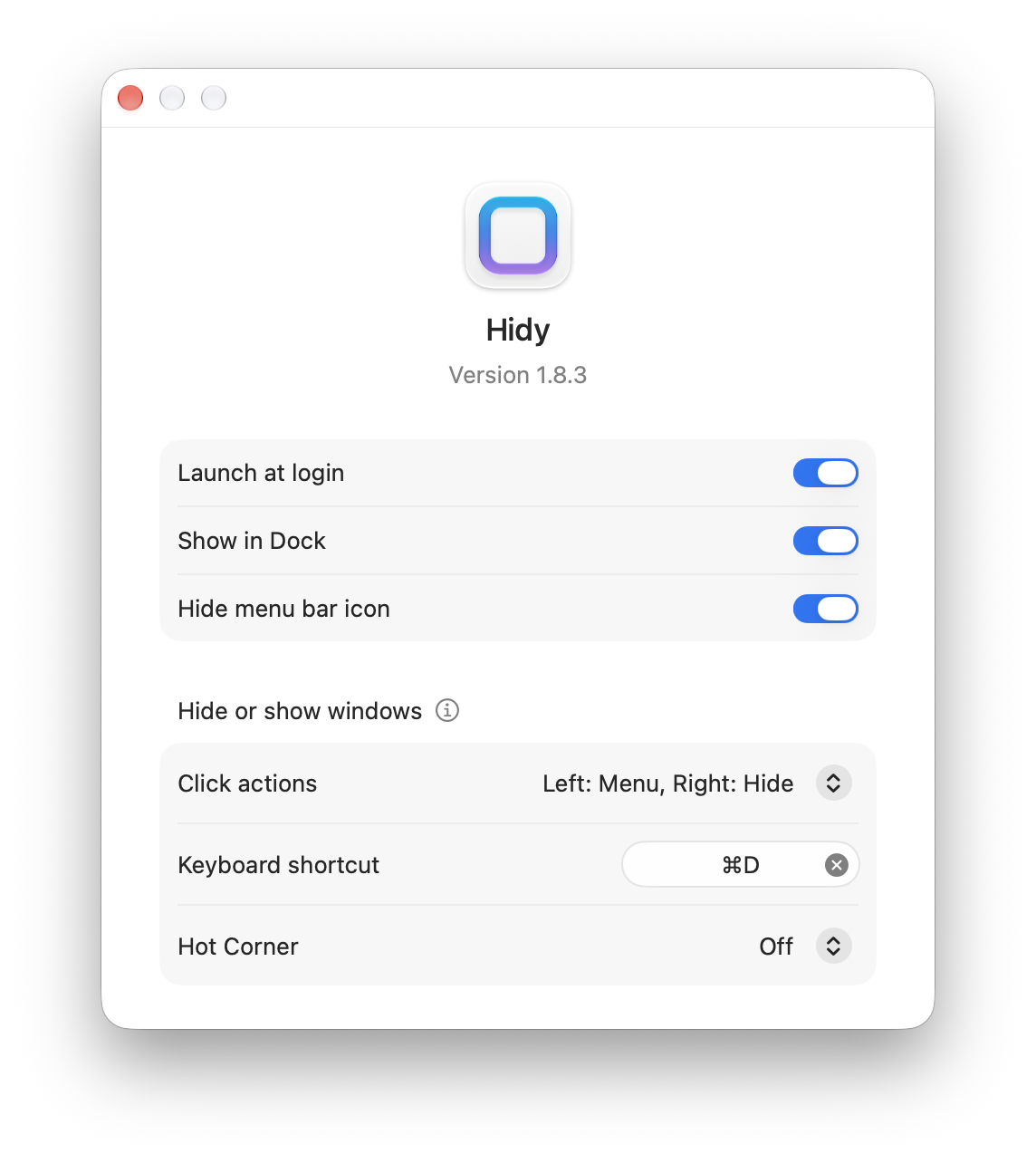 Hidy’s keyboard shortcut settings