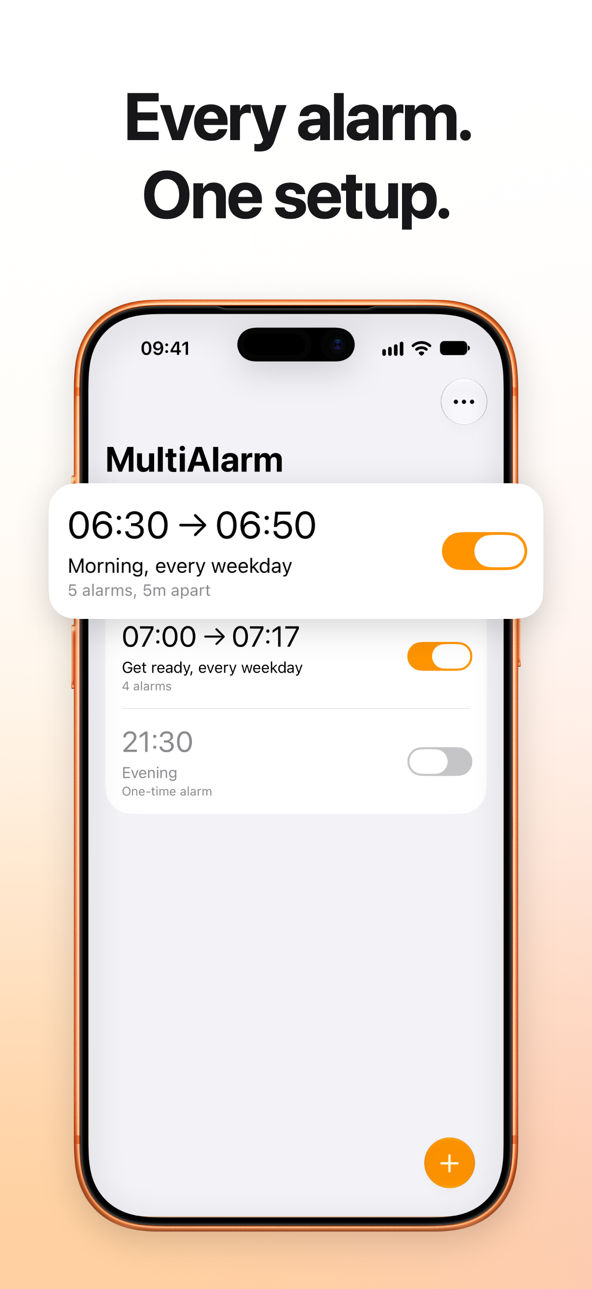 Cinco alarmes matinais das 06h30 às 06h50, controlados por um único botão no MultiAlarm