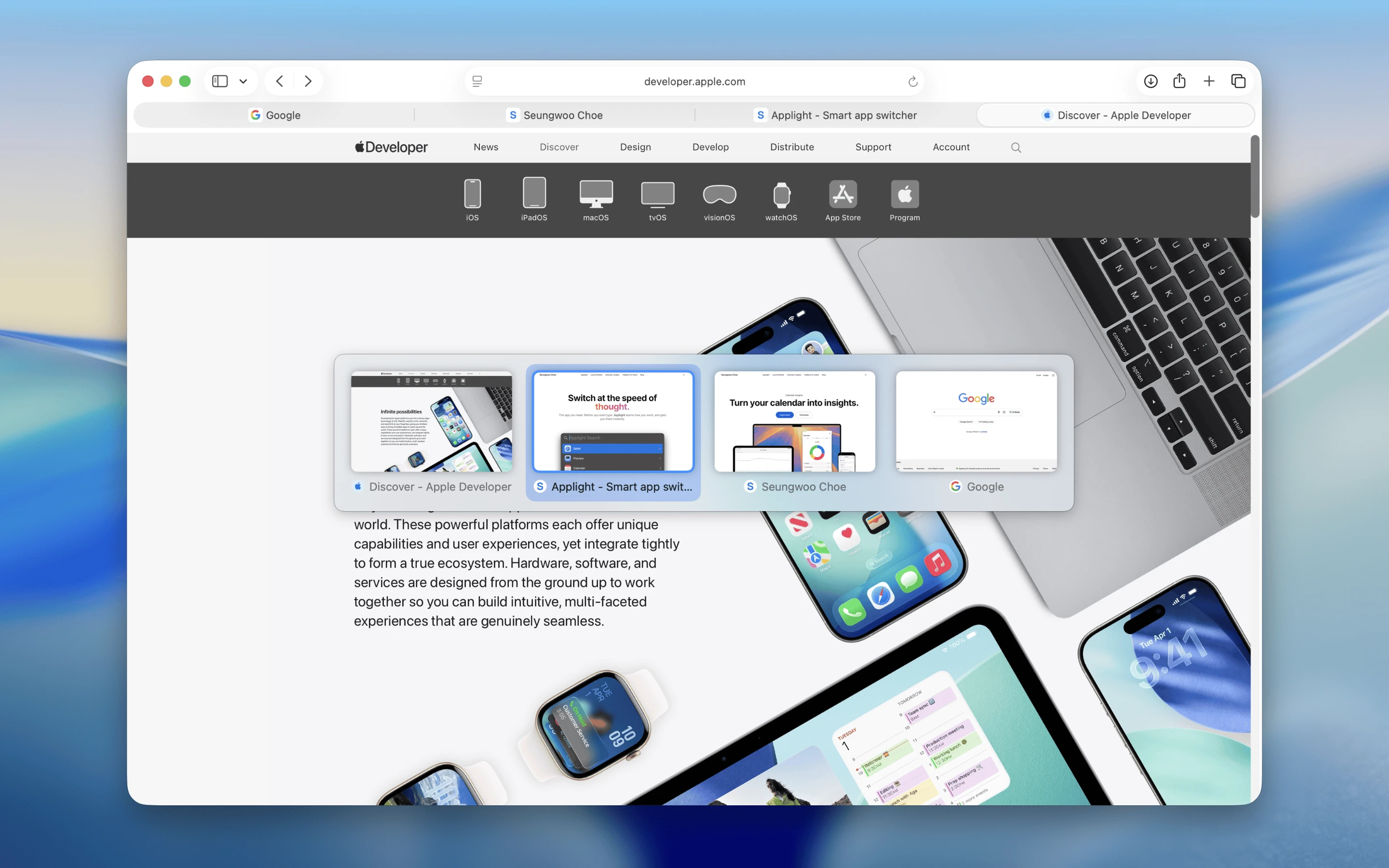 Recent Safari tabs shown in the TabBack switcher